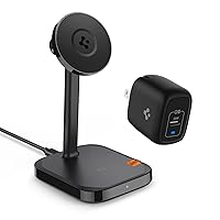 Spigen ArcField (MagFit) 2-in-1 Dual Magnetic Wireless Charging Stand with Spigen USB C Charger, [GaN Fast] 20W USB-C Power Adapter