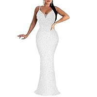 Lrady Womens Elegant Sexy Party Gowns Glitter Rhinestones Bodycon Wedding Formal Evening Cocktail Long Dress