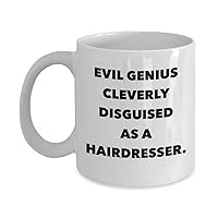Funny Hairdresser Coffee Mug - Best Personalized Custom Name Gifts For Stylists Hair Stylists Artists - Novelty 11Oz White Ceramic Tea Cup - Evil Genius Cleverly Disguised - Unique Cool Cute Humor Sar