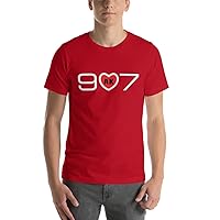 Alaska's Area Code 907 with Center Red Heart Design. Unisex t-Shirt, Dark Colors