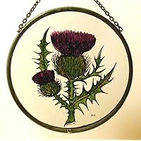 Decorative Hand Printed Stained Glass Window Sun Catcher/Roundel in a Scottish Thistle Design.