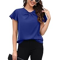 Women's 2023 Casual V-Neck Bow Knot Tops Short Sleeve Curved Keyhole Back Chiffon Blouse Shirt