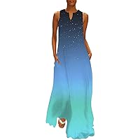 LIXIAO Summer Dresses for Women,Sleeveless Loose Maxi Dress Color Block Vintage Dress 2024 Boho Floral Maxi Dress C-Blue