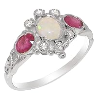 LBG 925 Sterling Silver Natural Opal Ruby Cubic Zirconia Womens Trilogy Ring - Sizes 4 to 12 Available