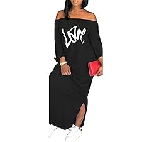 Women's Casual Off Shoulder Maxi Dress - African Print Summer Loose Long Sleeve Tunic T Shirt Dresses with Pockets
