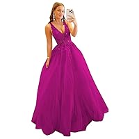 Rjer Women's Lace Tulle Prom Dresses V Neck Ball Gowns Long A Line Formal Evening Gowns