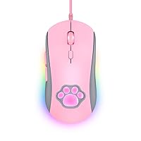 Cat Paw RGB Gaming Mouse, Silent Optical Computer Mice USB Wired with 6 Adjustable DPI Up to 7200, RGB Lighting, 6 Programmable Buttons for Windows/Vista/Linux (Pink)