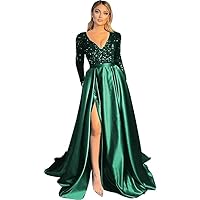 Sparkly Sequin Prom Dresses V Neck Long Sleeve Bridesmaids Dress High Slit with Pockets Formal Evening Party Gowns