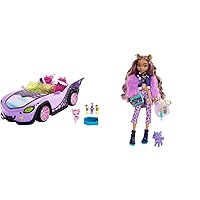 Bundle of Monster High Toy Car, Ghoul Mobile with Pet and Cooler Accessories, Purple Convertible + Monster High Clawdeen Wolf Doll with Pet Dog Crescent and Accessories