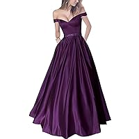 Women's Beaded Off Shoulder Satin Prom Dresses Long A-Line V Neck Formal Wedding Party Evening Gown with Pockets