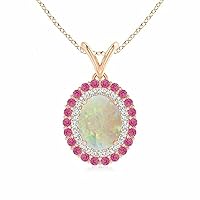 Oval Cut Created Opal Pendant with Double Diamond and Pink Sapphire Halo Pendant Necklace for Her in 14K Rose Gold Plated 925 Sterling Silver