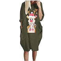 Christmas Dresses for Women Women Fashion Casual Stitching Christmas Antlers Print Long-Sleeved Loose Pockets