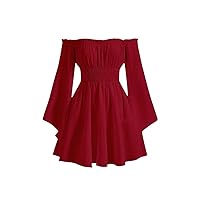 Dresses for Women 2024 Off Shoulder Trumpet Sleeve Frill Trim Dress Fashion Mini Short Dress