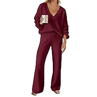 MEROKEETY Women's 2 Piece Outfits Long Sleeve V Neck Knit Pullover Tops and Wide Leg Pant Lounge Set