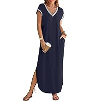 MEROKEETY Women's 2024 Summer Short Sleeve Maxi Dress V Neck Split Loose Casual Beach Long Dresses