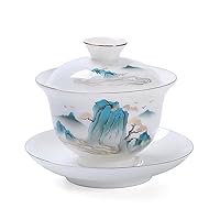 Porcelain Kung Fu Tea Gaiwan, Chinese Traditional Teaware Tea Cup and Saucer with Lid, Hand-painted Ceramic Teacups Sancai Tea Bowl Set 5oz/150ml Large Gaiwan