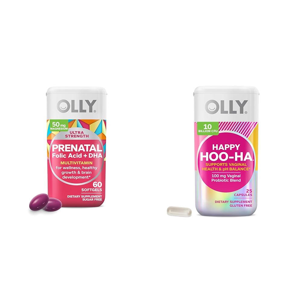 OLLY Ultra Strength Prenatal Multivitamin Softgels, Supports Healthy Growth & Happy Hoo-Ha Capsules, Probiotic for Women, Vaginal Health and pH Balance, 10 Billion CFU, Gluten Free - 25 Count