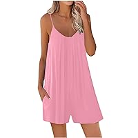 Women's Sleeveless Rompers Strappy Jumpsuits with Pocktes Plus Size Jumpers Casual Summer Overalls Wide Leg Jumpsuit