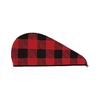 Women Microfiber Hair Towel Super Absorbent Quick Dry Bath Shower Dry Head Turban with Buttons for Fine & Delicate Hair,for Red Black Buffalo Check Plaid Pattern