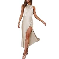 2024 Summer Satin Halter Neck Backless Slit Midi Dresses Elegant Cowl Back Ruched Wedding Guest Maxi Dress for Women