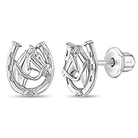 925 Sterling Silver Equestrian Horseshoe Safety Screw Back Earrings For Toddlers & Young Ladies Horseshoe Shaped Earrings For Children - Horse Riding Hobby Earrings For Girls
