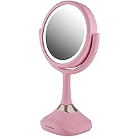 Lighted Vanity Mirror, Table Top, 360 Degree Spinning 6'' Double Sided Circle LED 1X 5X Magnifier with MP3 Audio, Built-in Wireless Speaker, Rechargeable, USB Operated, Baby Pink MRT06P1X5X