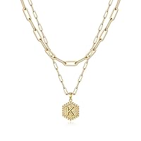 M MOOHAM Dainty Gold Necklace for Women - 14K Solid Gold Over Layering Necklaces for Women Cute Hexagon Letter Initial Necklaces for Women Gold Layered Necklaces for Women Jewelry Gifts