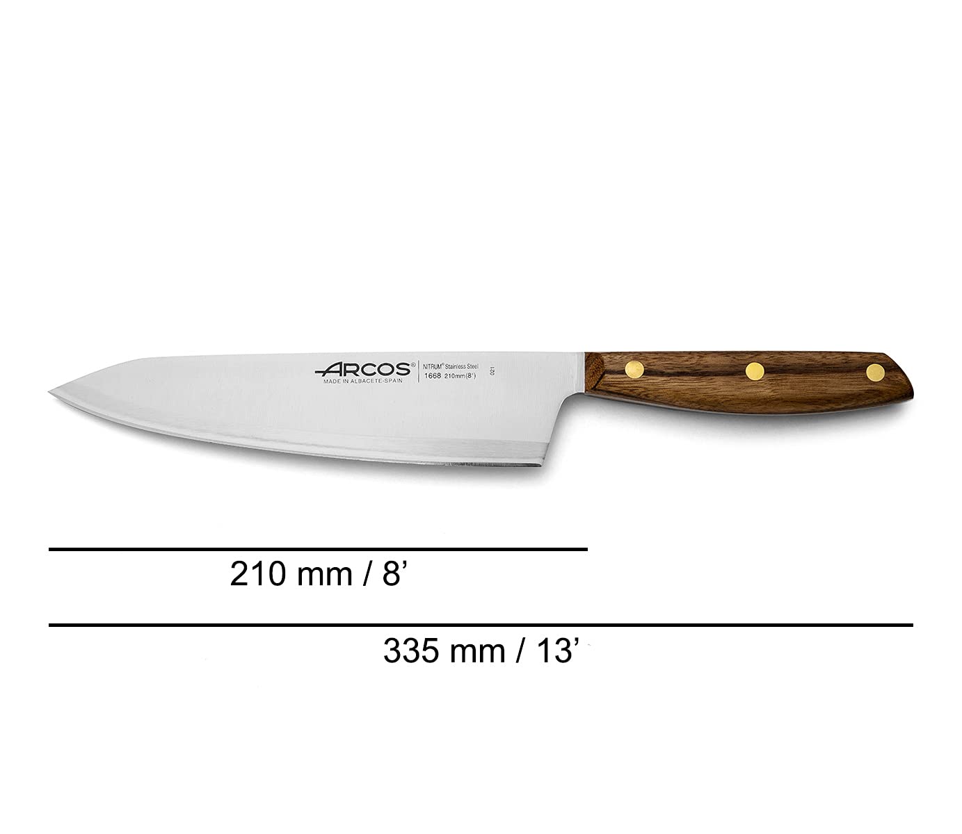 ARCOS Chef Knife 8 Inch Stainless Steel. Professional Kitchen Knife for Cooking. Ovengkol Wood Handle 100% natural FSC and 210 mm Blade. Series Nordika