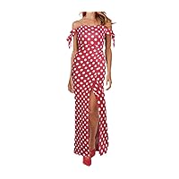 Women Polka Dot Off Shoulder Side Slit Vintage Midi Evening Full Length Dress