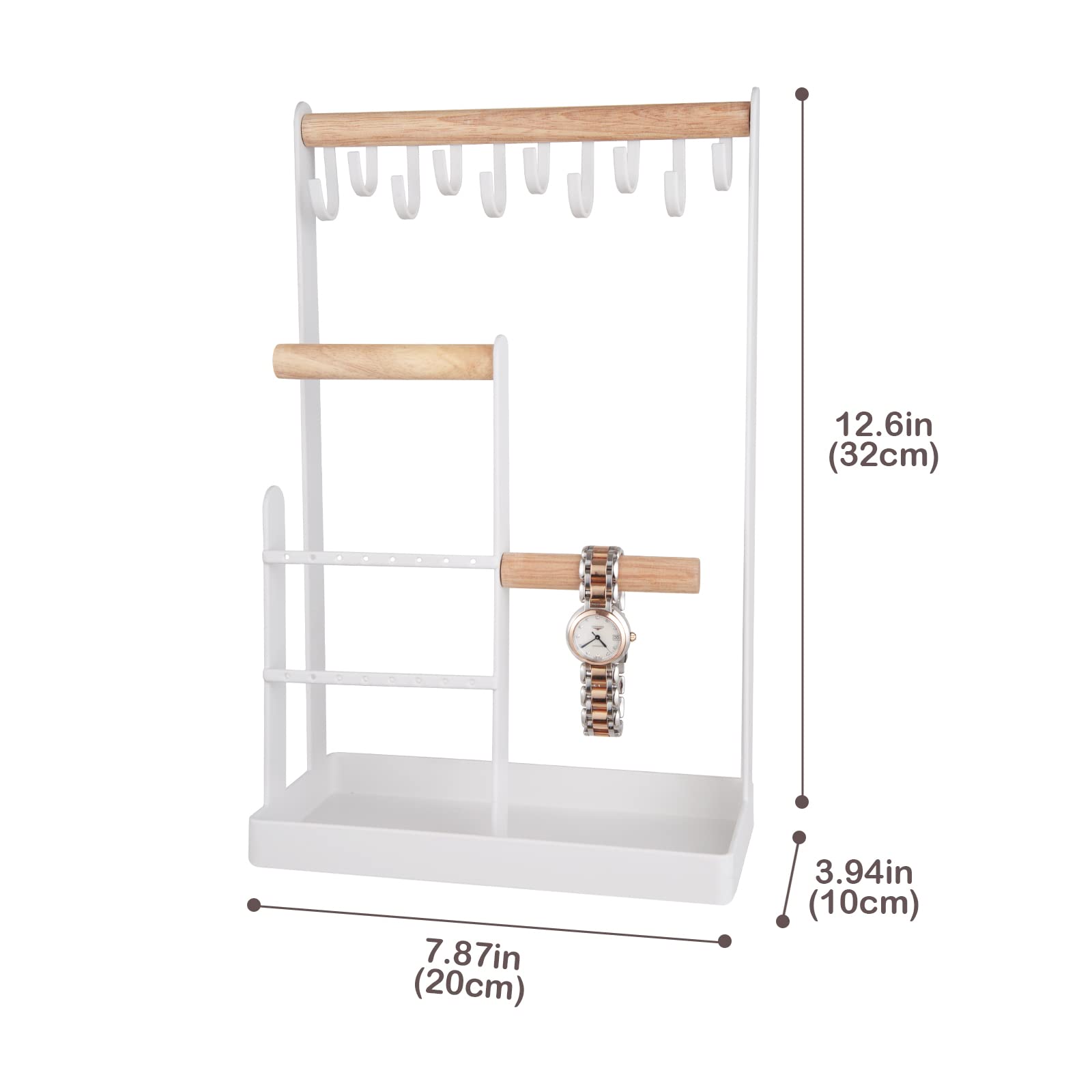 ProCase Jewelry Organizer Stand Necklace Holder, 4-Tier Tower Rack with Earring Tray and Holes, 10 Hooks Hanging Storage Tree Display for Bracelets Watches Rings -White
