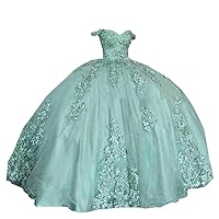 Ball Gown Quinceanera Dresses Sage Green Off The Shoulder 3D Lace Flower Embroidered Mexican with Train Prom