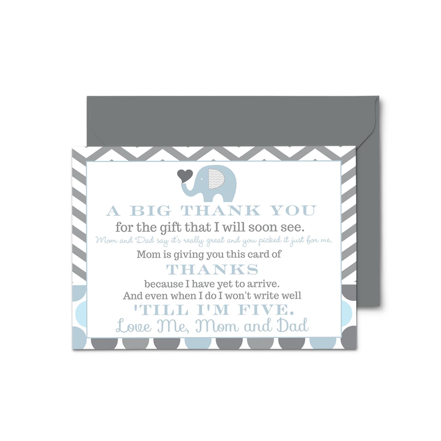 Blue Elephant Baby Shower Thank You Cards with Envelopes (15 Pack) Prefilled Message from Boy – Individual Notecards Thanks for Babies Registry Gifts - Royal Theme Jungle – 4x6 Blank Set