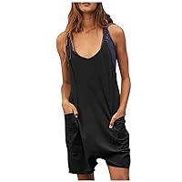 Women's Summer Jumpsuits Loose Fit Casual Sleeveless Rompers Shorts Spaghetti Strap Cami Short Romper with Pockets