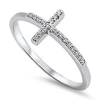 Cubic Zirconia Saint John Sideway Cross Ring Sterling Silver (Color Options, Sizes 3-13)