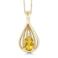 Gem Stone King 10K Yellow Gold Yellow Citrine and White Diamond Teardrop Pendant Necklace For Women 0.40 Cttw, Gemstone November Birthstone, Oval 6X4MM, with 18 Inch Chain