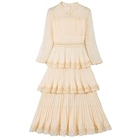 Spring Mesh Patchwork Chiffon Pleated Dress for Party Women Designer Long Sleeve Sweet Midi Dresses