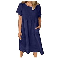 FQZWONG Women's Short Sleeve Cotton Linen Tunic Dress Summer Casual Plain Crew Neck Plus Size T-Shirt Sun Dress with Pocket