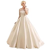 Women's Modern A-Line Boat Neck Wedding Dress Half Sleeve Lace Applique Satin Bridal Gown with Pocket