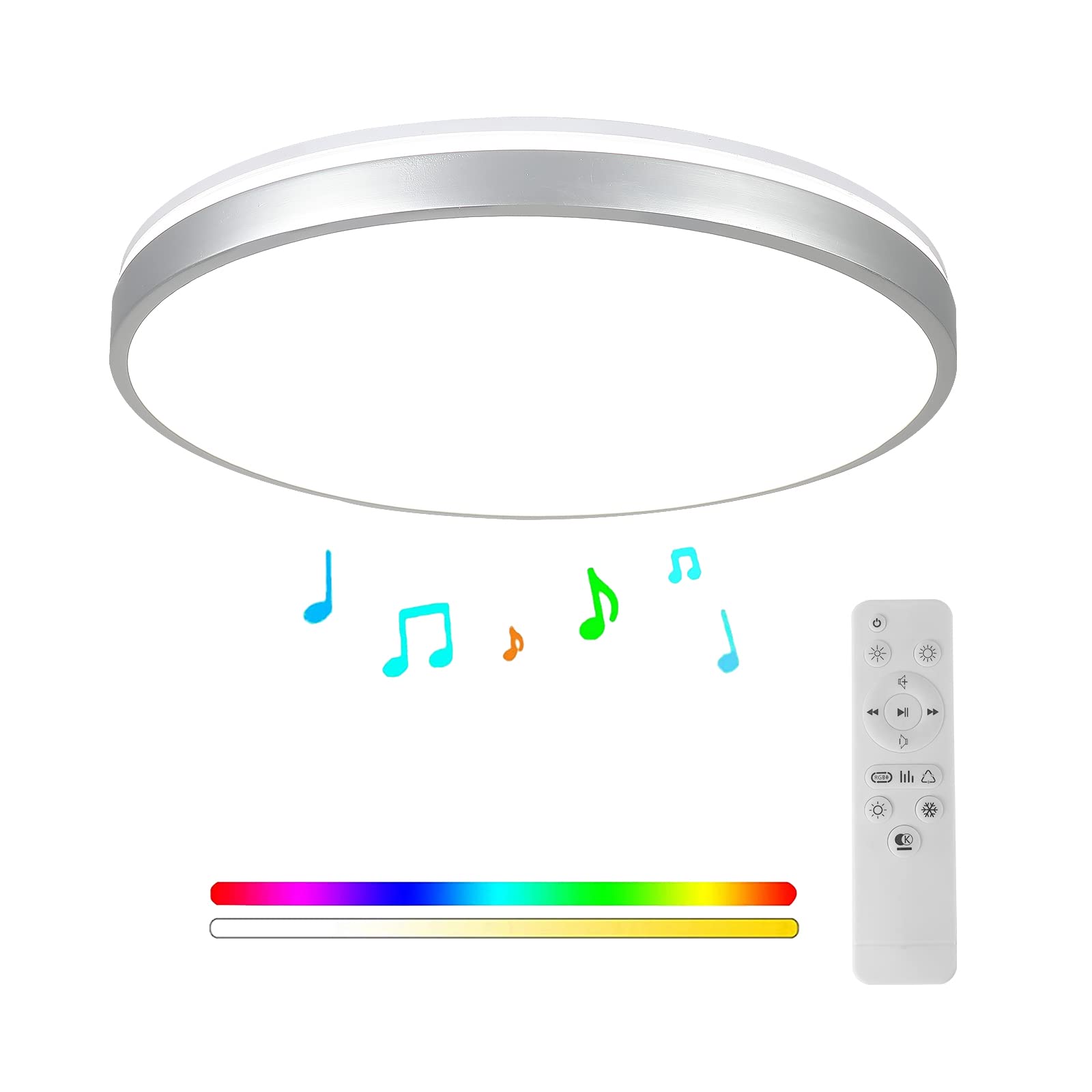 HOREVO Brushed Nickel Ceiling Light with Remote Control with Bluetooth Speaker, 24W Diammble Color Changing, LED Flush Mount Silver Light Fixture for Bedroom, Living Room, Bathroon, Kitchen