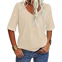 Danedvi Women Fashion V-Neck Half Sleeves Oversized T Shirt Solid Casual Loose Basic Tops