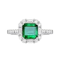 Fashion Natural Emerald Gemstone Baguette Diamond Solid 14K White Gold Engagement Wedding Promise Ring Set for Women