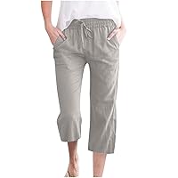 Capri Pants for Women Summer Drawstring Linen Pant Elastic Waist Straight Wide Leg Cropped Pants Loose Casual Trousers