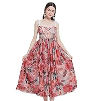 Runway Summer Party Dress Women Mesh Flower Print Red Spaghetti Strap Backless Holiday Ball Gown Midi Dress