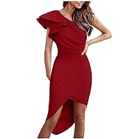Knit Dresses for Women Summer, Dresses 2023 Long Sleeve Dresses Women's Sun Dresses Summer Fashion Elegant One Shoulder Cocktail Dress Ruffle Slit Wrap Ruched Bodycon Short Party (M, Wine)