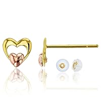 14K Yellow & Rose Gold Polished Double Heart Stud & 14K Silicon Back