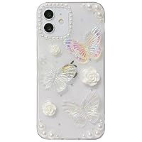 for iPhone 15 Pro Case Cute Butterfly Flower Pearl 3D Twinkle Glitter Spark Luxury Girly Aesthetic Personalized Design for Women Girls Transparent Epoxy TPU Case, 6.1