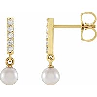 Cultured White Akoya Pearl 4mm 14k Yellow Gold Friction Back Polished White and Natural Diamond Bar Jewelry Gifts for Women