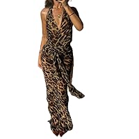 NUFIWI Women’s Leopard Printed Maxi Dress V Neck Sleeveless Cut Out Long Dress Slim Fit Backless Sexy Beach Vocation Dresses