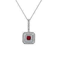 Princess Ruby & Natural Diamond Double Halo Pendant 0.36 ctw 14K White Gold. Included 18 Inches Chain