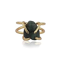 Emerald Rough Gemstone Ring Brass Band Design Gold Plated Prong Setting Adjustable Rings Jewelry